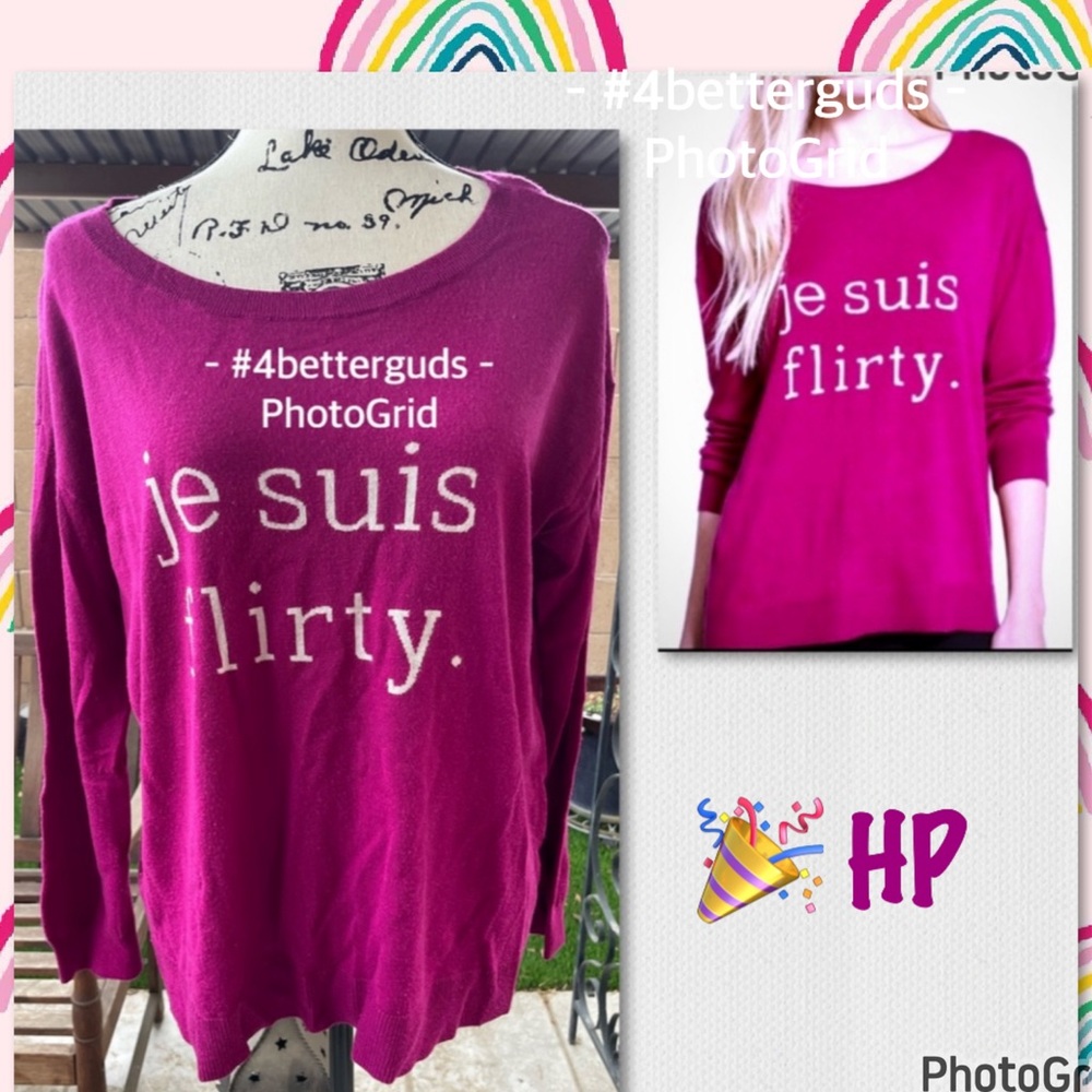 Joie “Eloisa” Knit Wool Cashmere Blend Je Suis Flirty Text Scoop Neck Sweater LG